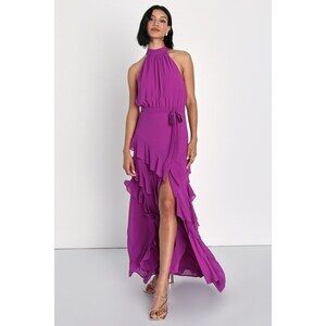 Lulus Iconic Flair Purple Asymmetrical Ruffled Halter Maxi Dress - Size XL